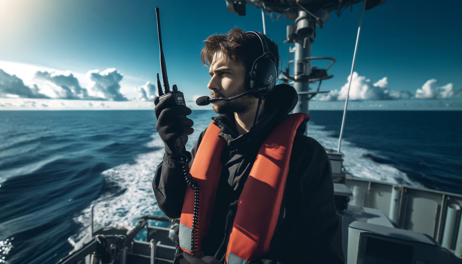 Individual on Ship Using Radio to Communicate