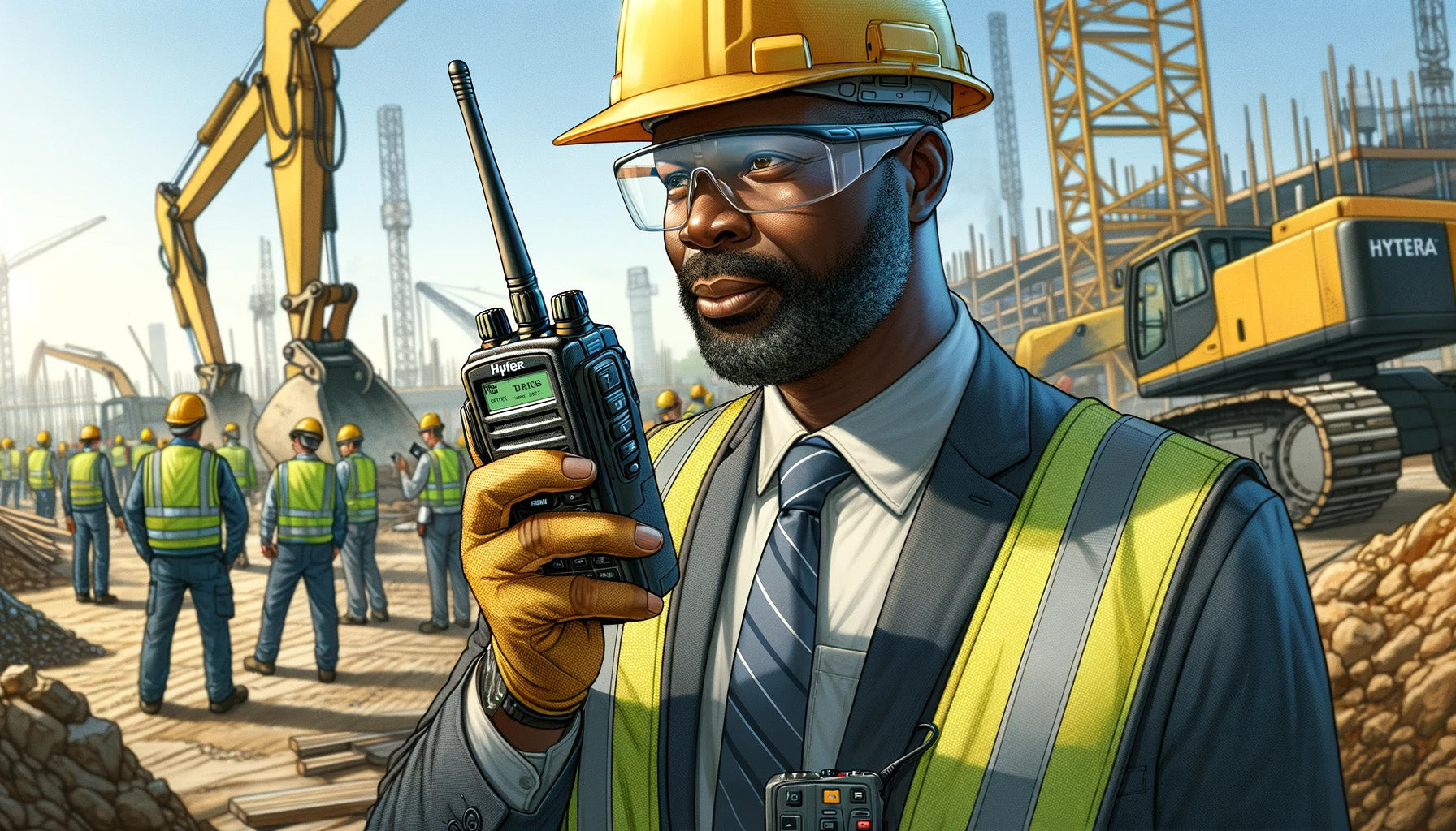 Individual on Construction Yard Using Radio