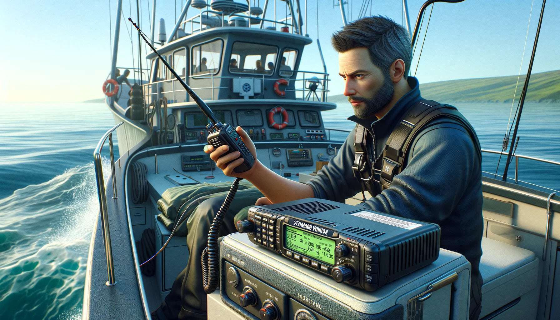 Individual on Ship Using Radio to Communicate